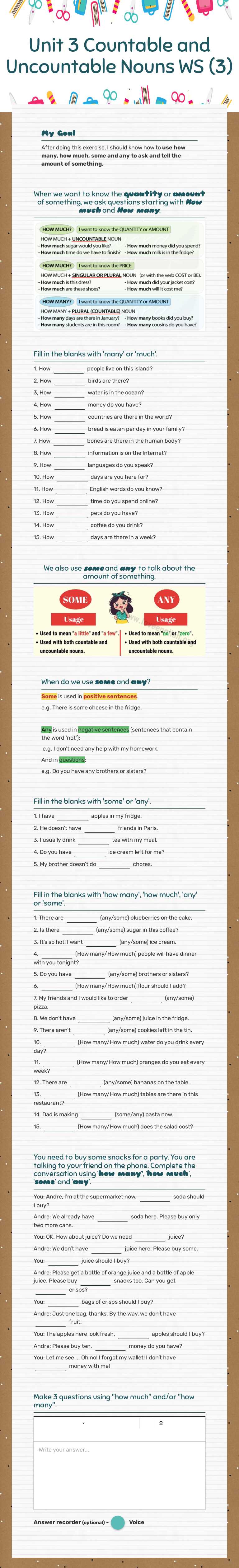 Unit 3 Countable and Uncountable Nouns WS (3) worksheet preview image