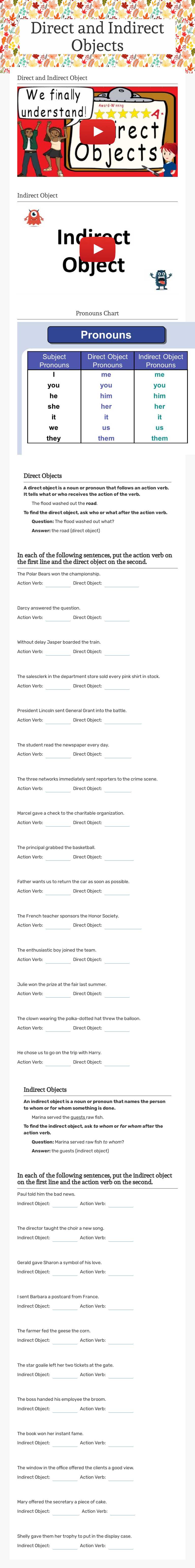Direct and Indirect Objects worksheet preview image