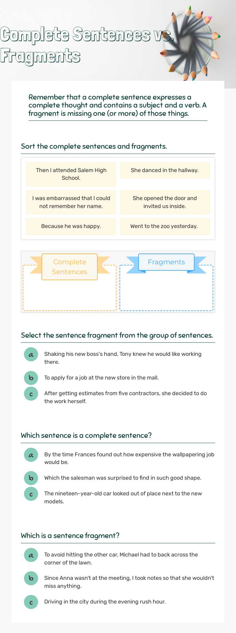 Complete Sentences vs. Fragments worksheet preview image