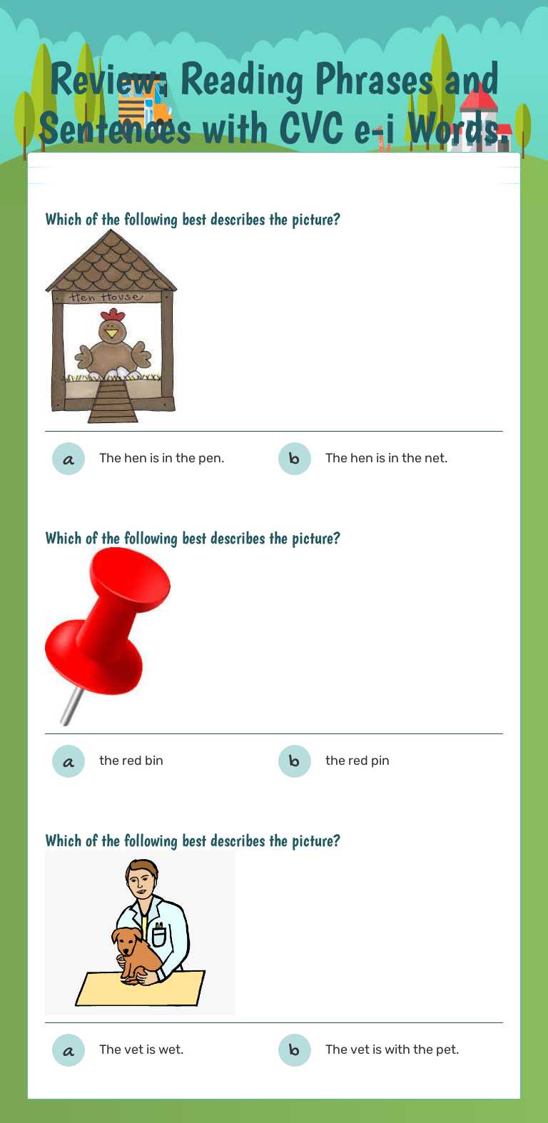 Review: Reading Phrases and Sentences with CVC e-i Words. worksheet preview image