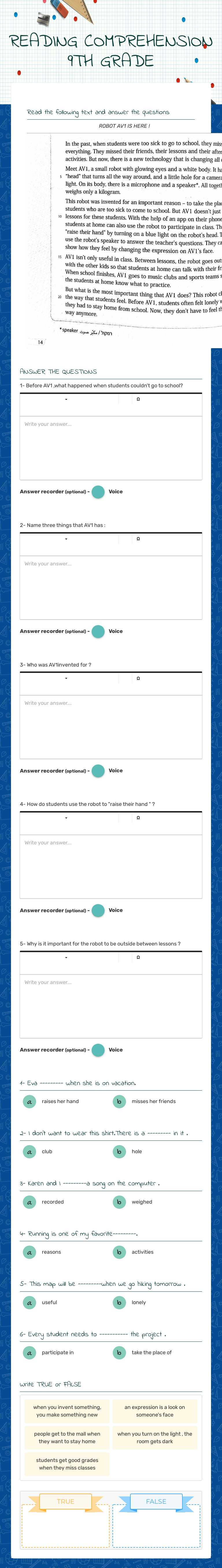 READING COMPREHENSION 9TH GRADE Grade 9 worksheet preview