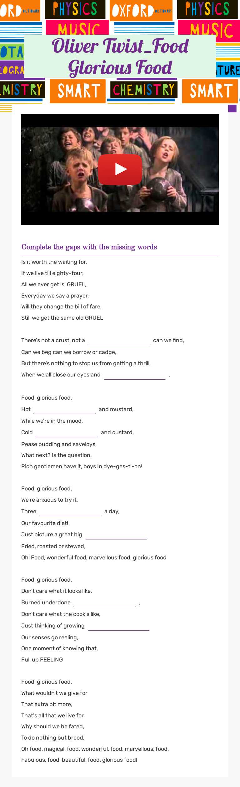 Oliver Twist_Food Glorious Food worksheet preview image