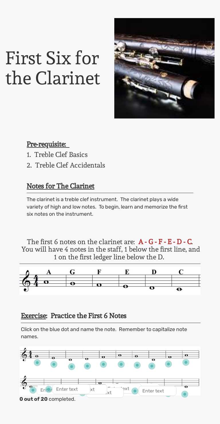 First Six for the Clarinet worksheet preview image