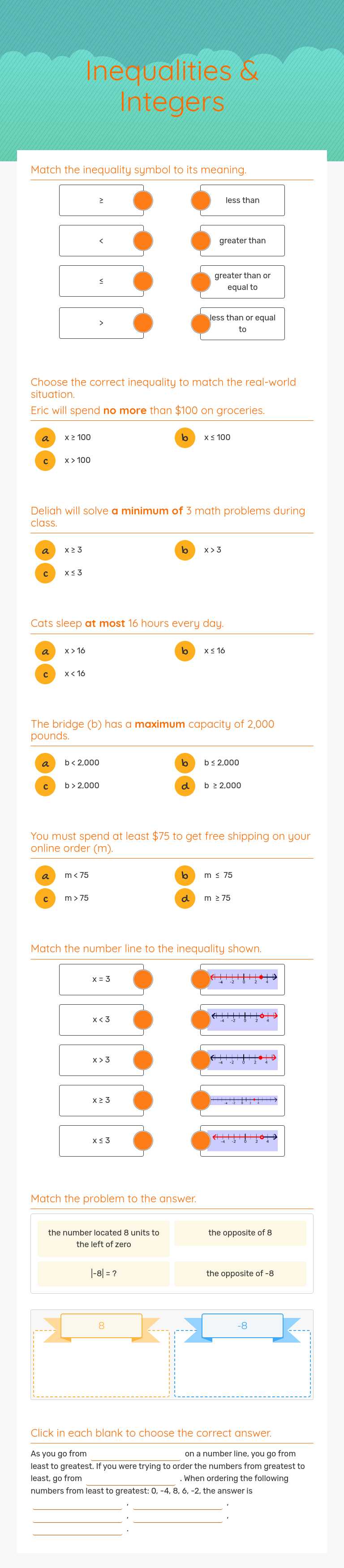 Inequalities & Integers worksheet preview image