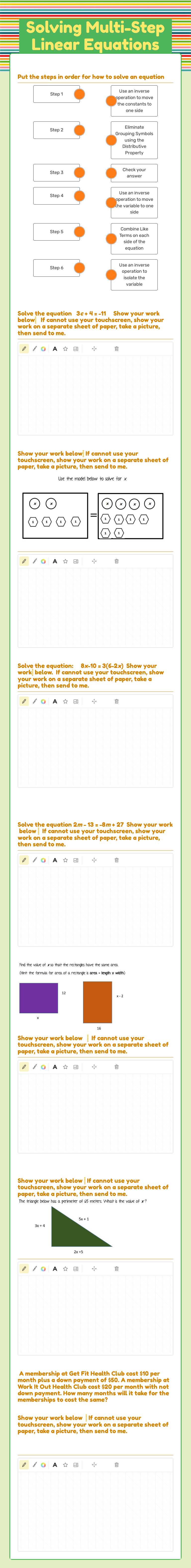 Solving Multi-Step Linear Equations worksheet preview image