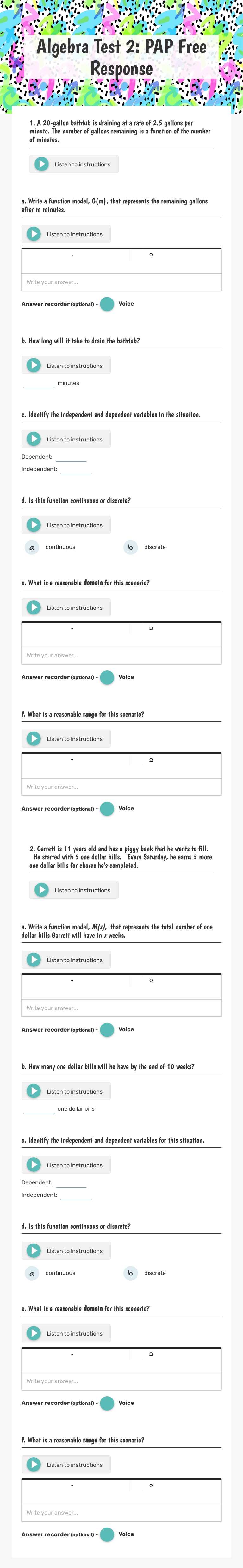 Algebra Test 2: PAP Free Response worksheet preview image
