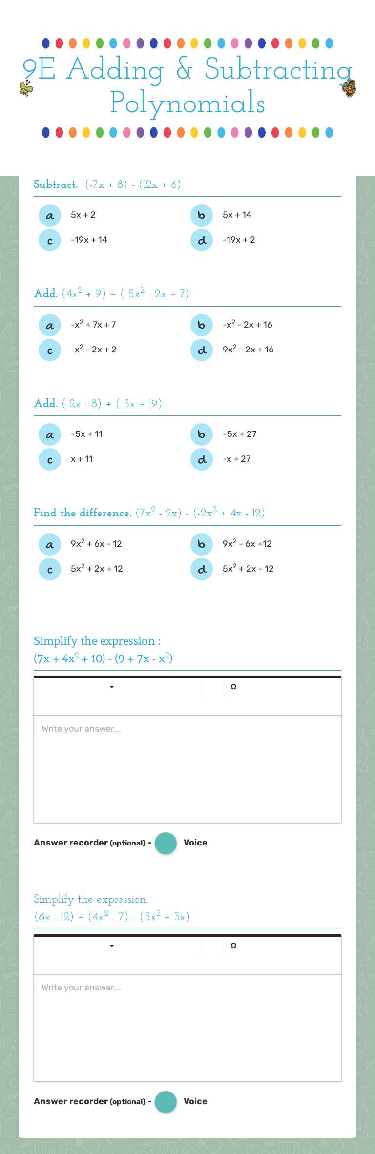 9E Adding & Subtracting Polynomials worksheet preview image