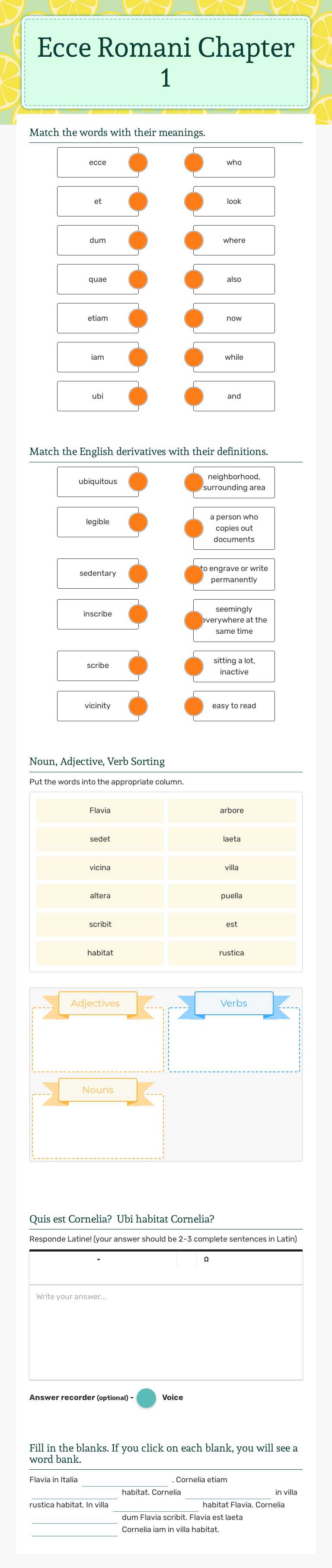 Ecce Romani Chapter 1 by Nancy Irons | Interactive Worksheet | Wizer.me