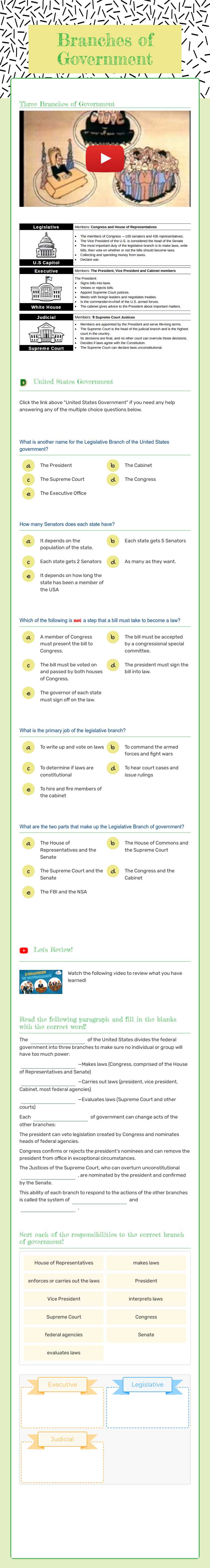 Branches of Government worksheet preview image