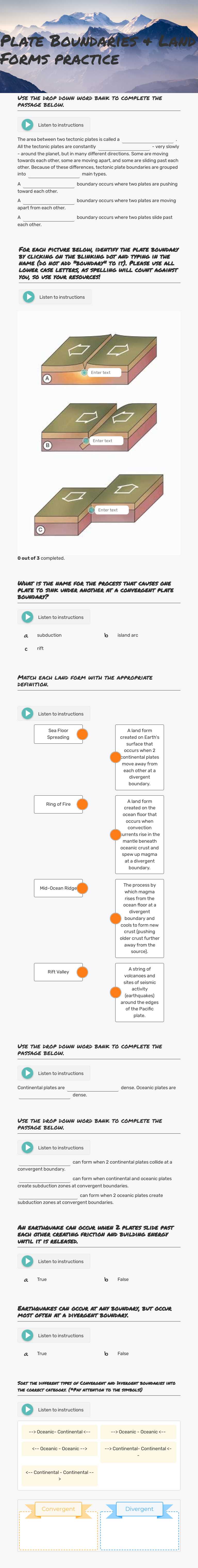 Plate Boundaries & Land Forms practice Grade 6 worksheet preview