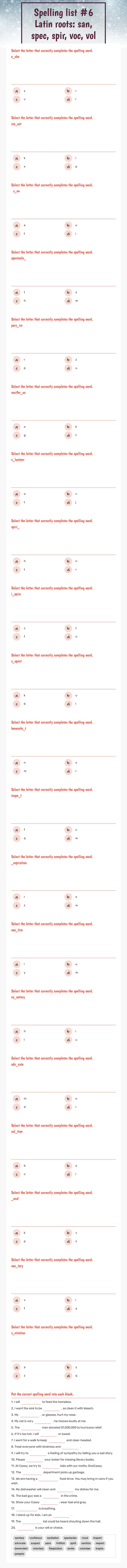 Spelling list #6 Latin roots: san, spec, spir, voc, vol Grade 5 worksheet preview