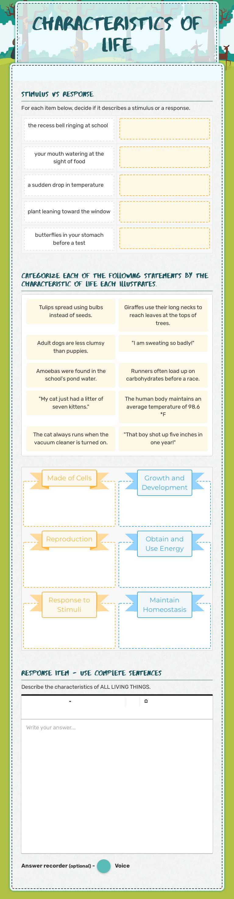 Characteristics of Life worksheet preview image