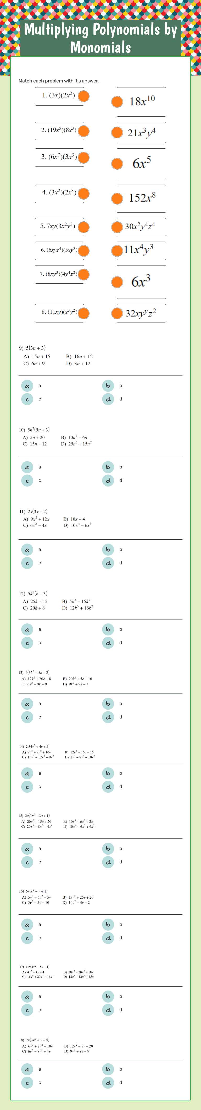 Multiplying Polynomials by Monomials worksheet preview image