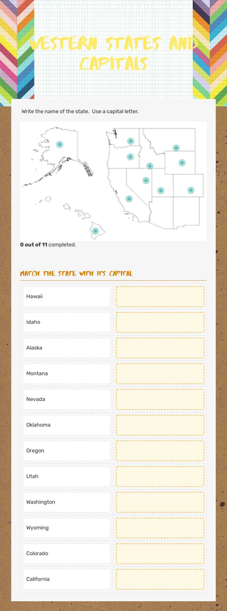 Western states and capitals Grade 5 worksheet preview
