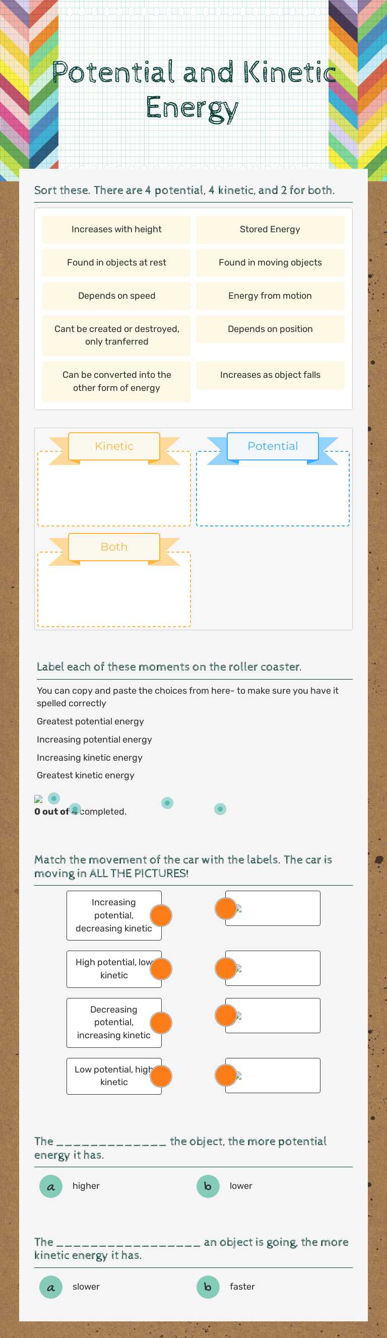 Potential and Kinetic Energy worksheet preview image