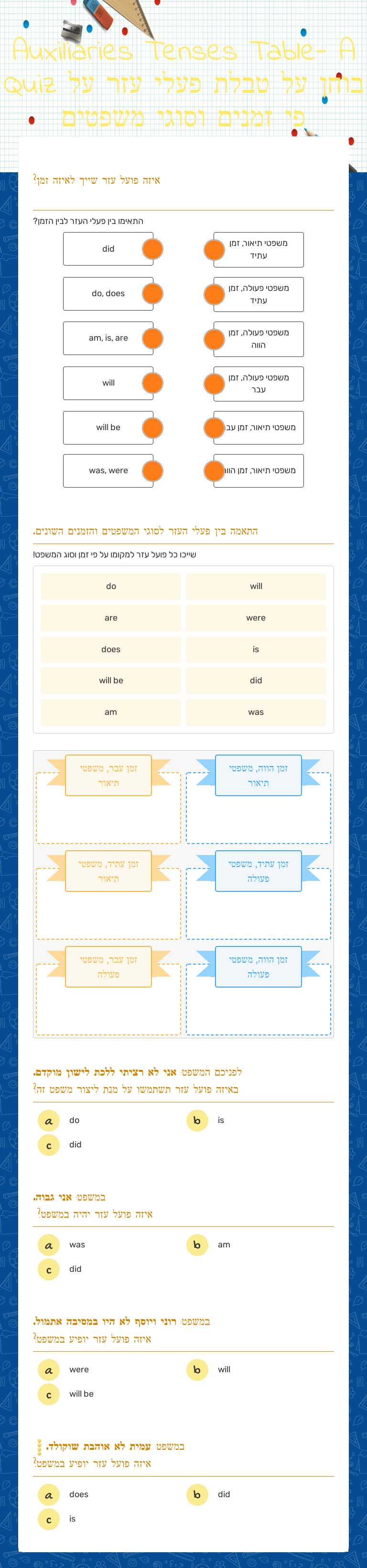 Auxiliaries Tenses Table- 
A Quiz 
בוחן על טבלת פעלי עזר 
על פי זמנים וסוגי משפטים Grade 7 worksheet preview