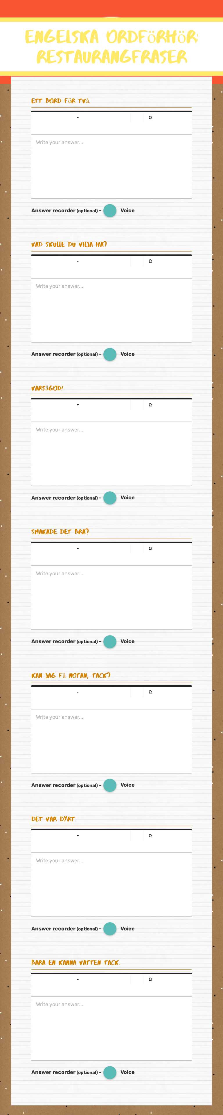 Engelska ordförhör: 
Restaurangfraser worksheet preview image