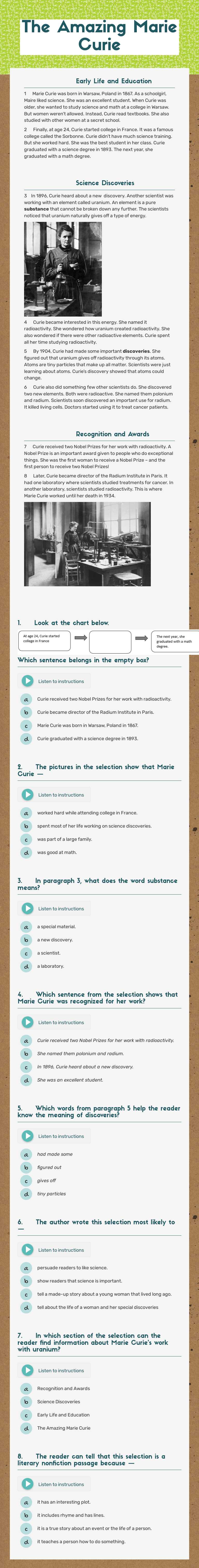 The Amazing Marie Curie Grade 4 worksheet preview