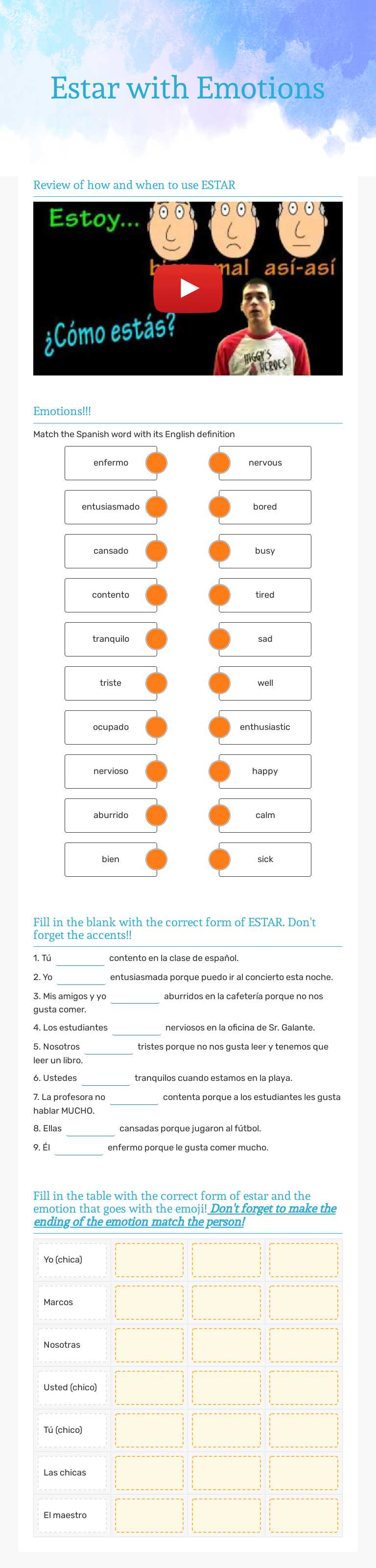 Estar with Emotions worksheet preview image