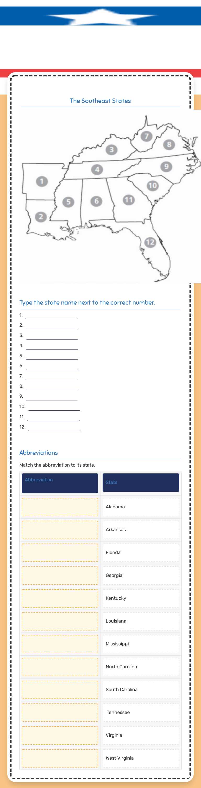The Southeast States and Capitals Quiz worksheet preview image