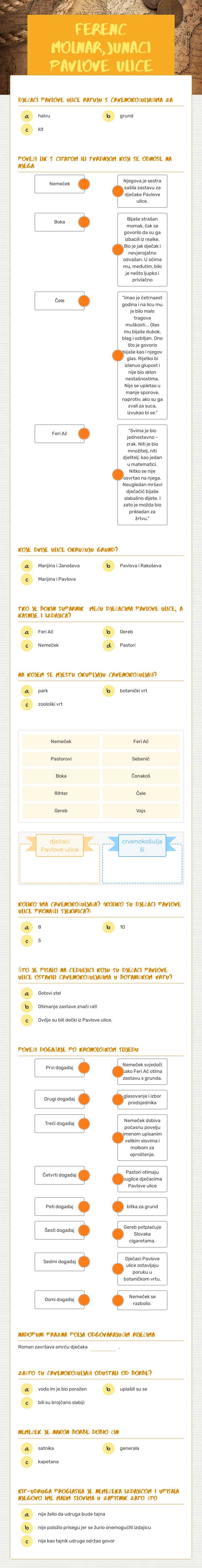 Ferenc Molnar,Junaci pavlove ulice Grade 5 worksheet preview