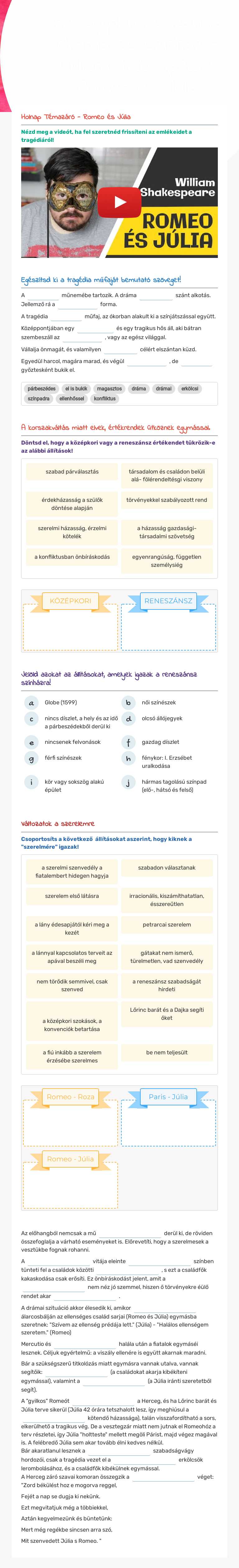 Az angol reneszánsz dráma és színház - WilliamShakespeare: Romeo és Júlia worksheet preview image