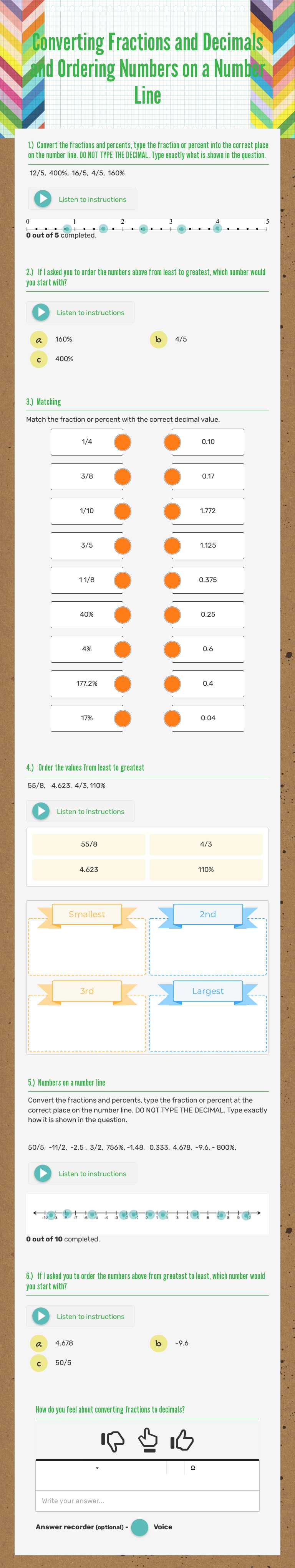Converting Fractions and Decimals and Ordering Numbers on a Number Line worksheet preview image