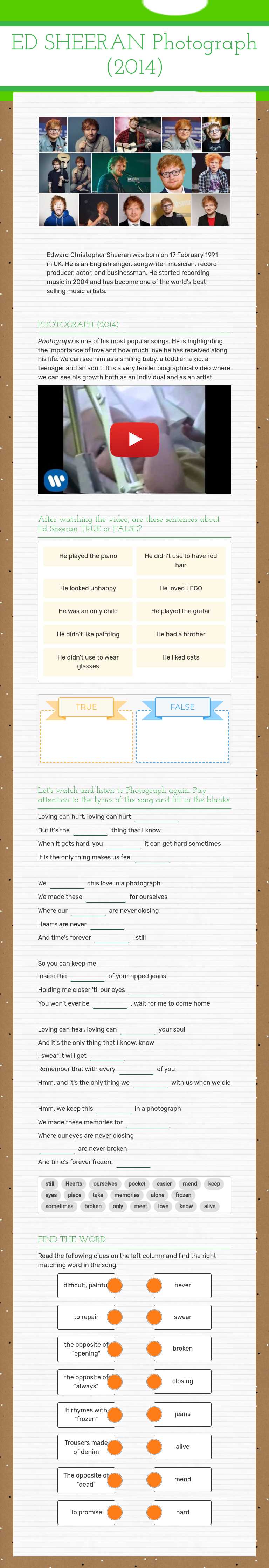 ED SHEERAN 
Photograph (2014) worksheet preview image