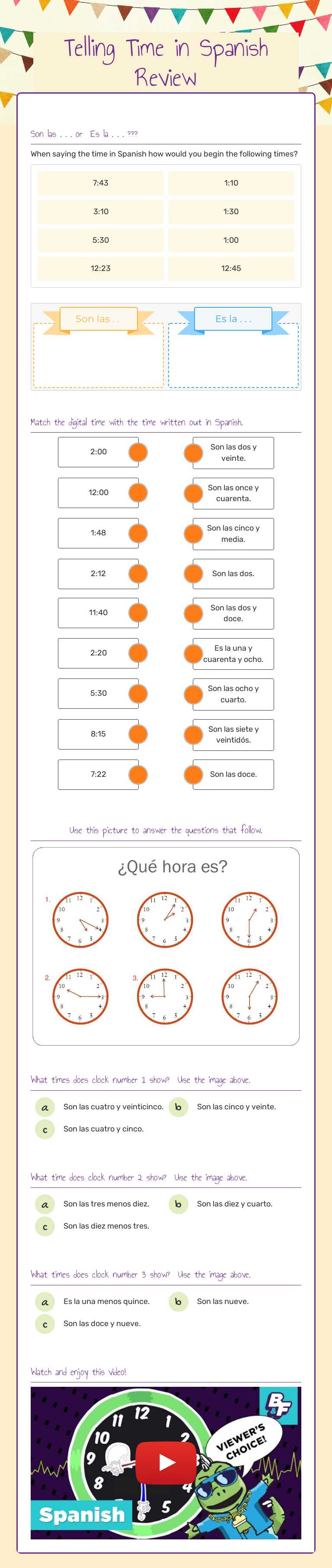 Telling Time in Spanish Review worksheet preview image