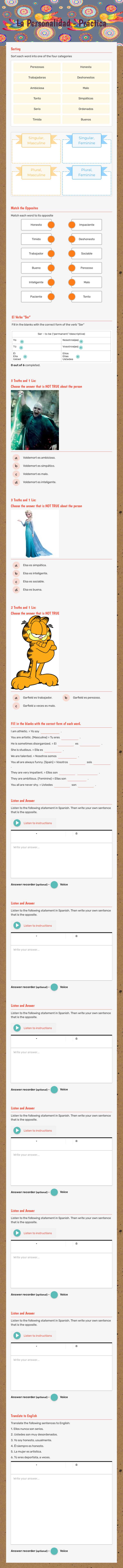 La Personalidad worksheet preview image