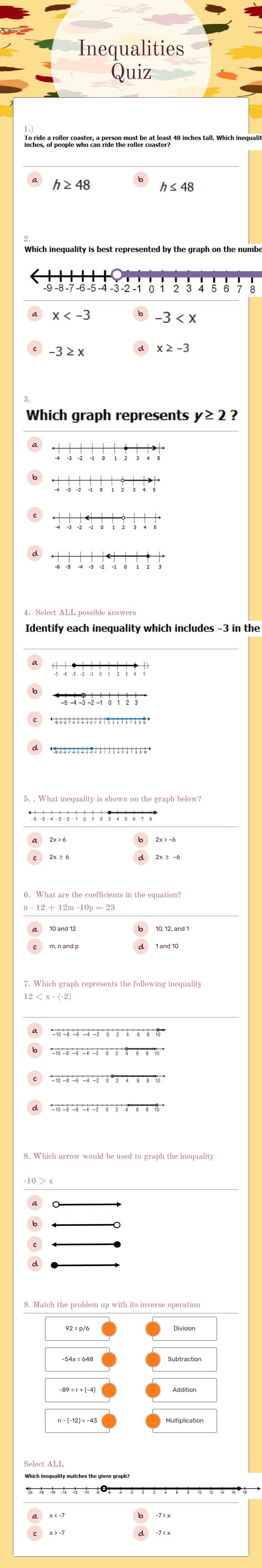 Inequalities Quiz Grade 6 worksheet preview