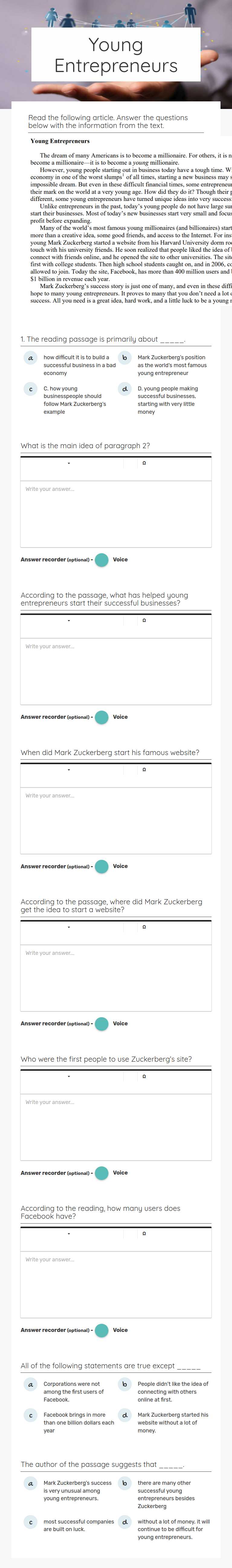 Young Entrepreneurs worksheet preview image