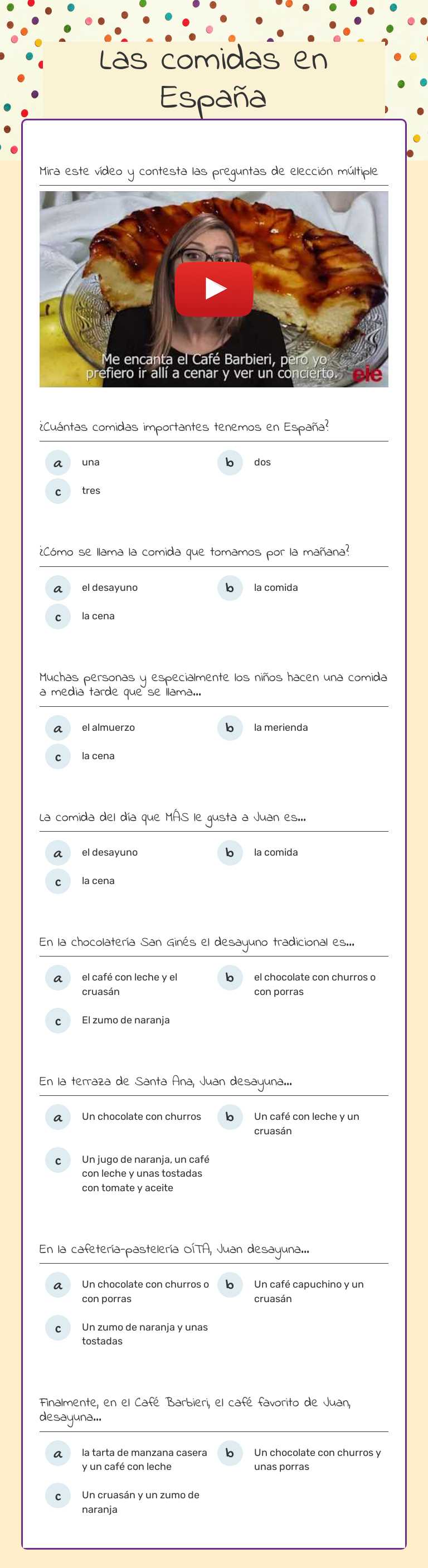 Las comidas en España worksheet preview image