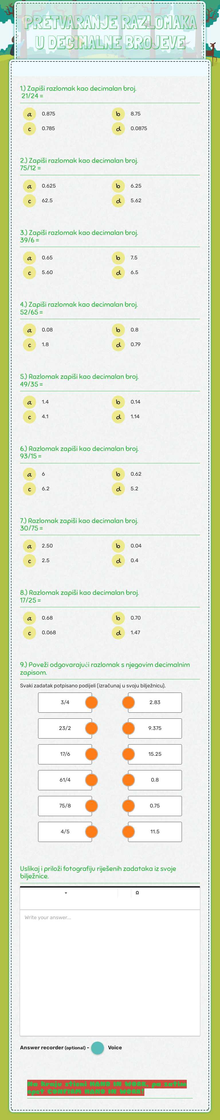 PRETVARANJE RAZLOMAKA U DECIMALNE BROJEVE worksheet preview image