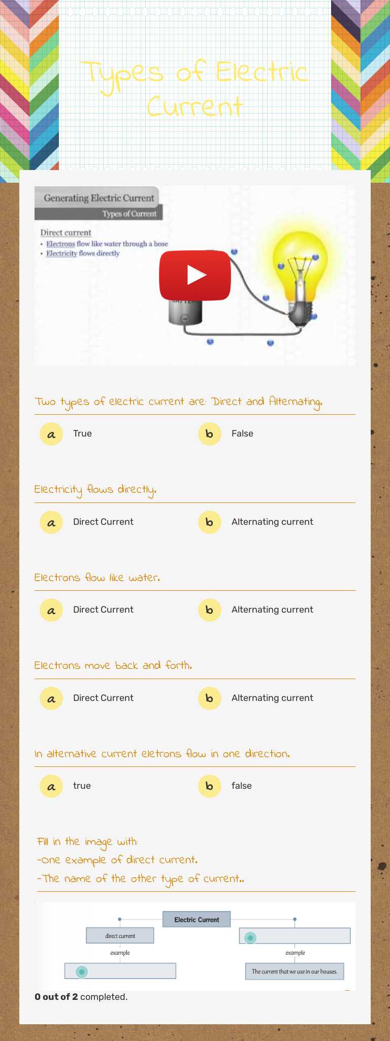Types of Electric Current worksheet preview image
