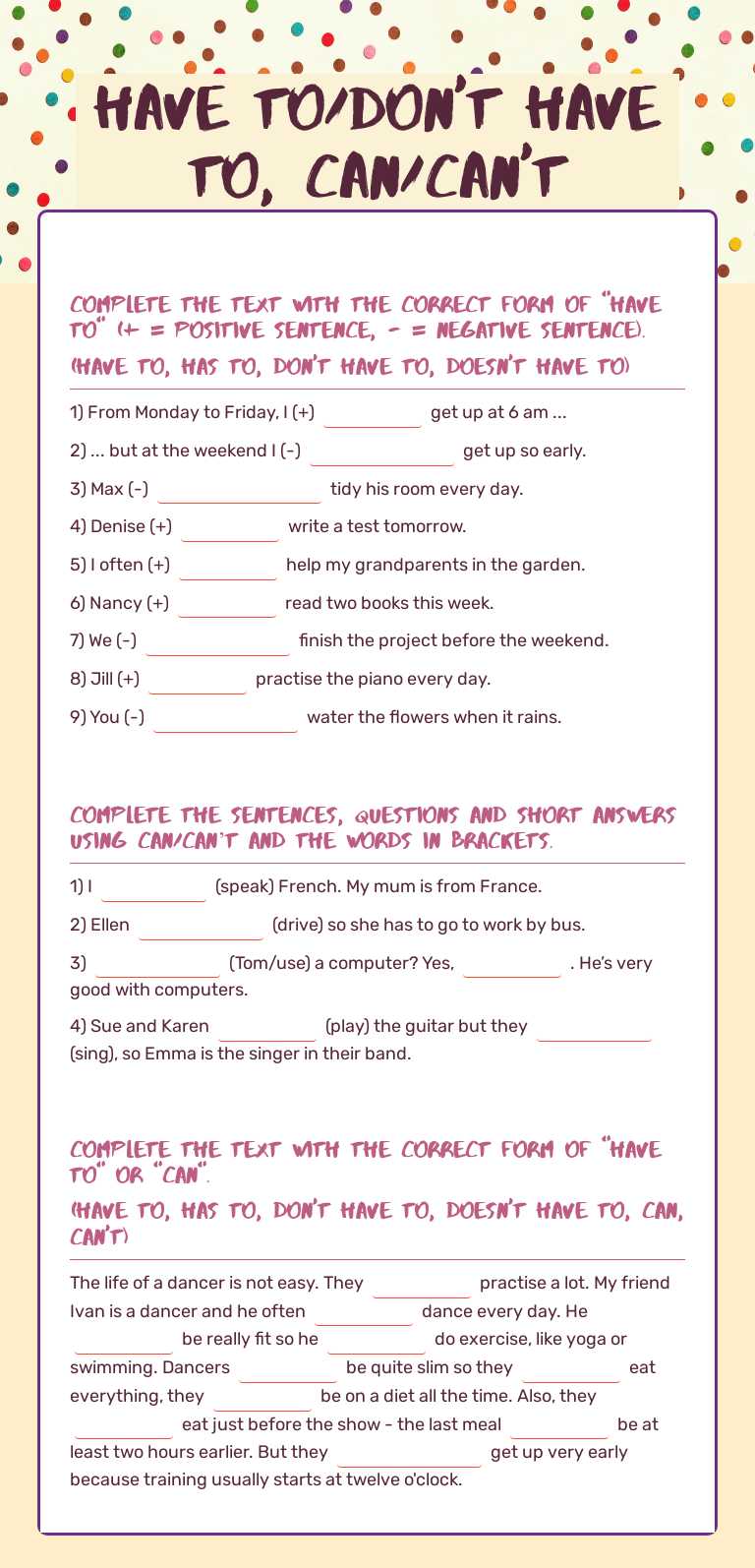 Have to/don't have to, can/can't worksheet preview image