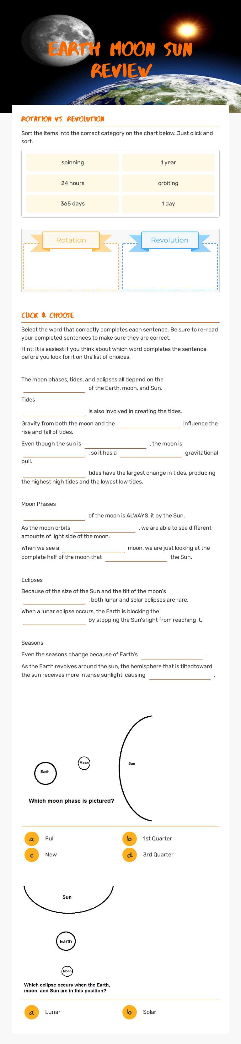 Earth Moon Sun Review Grade 4 worksheet preview