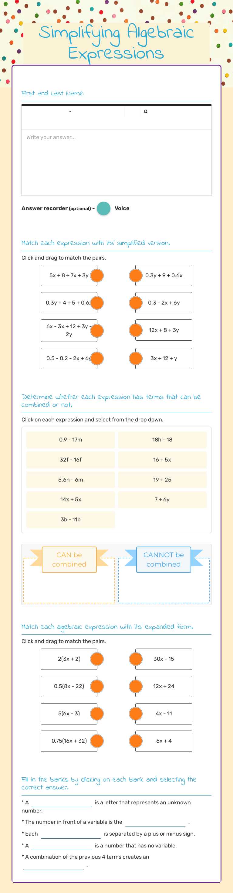 Simplifying Algebraic Expressions Grade 7 worksheet preview
