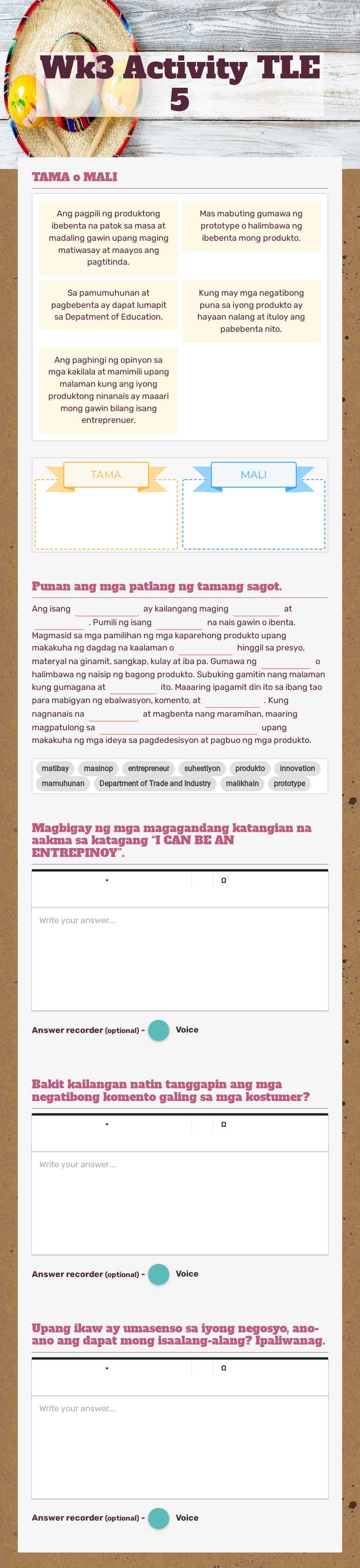 Wk3 Activity TLE 5 worksheet preview image