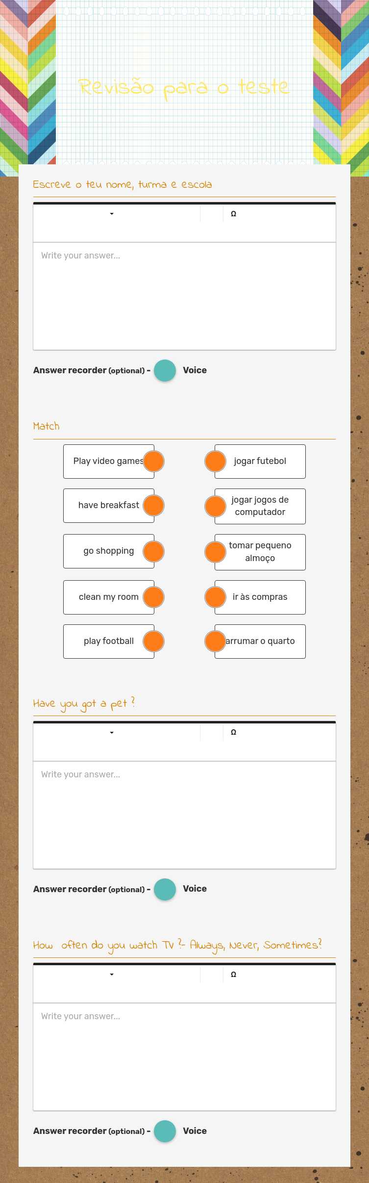 Revisão para o teste worksheet preview image