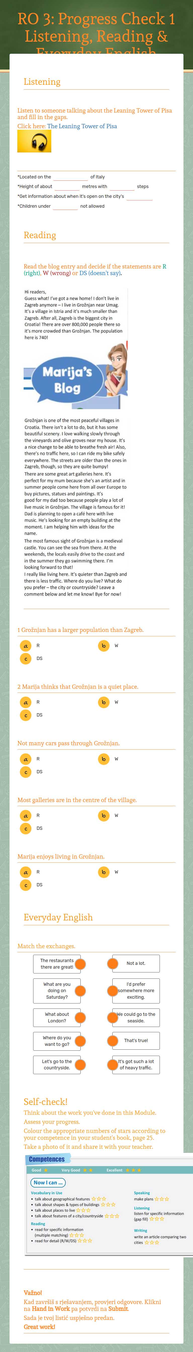 RO 3: Progress Check 1               Listening, Reading & Everyday English worksheet preview image