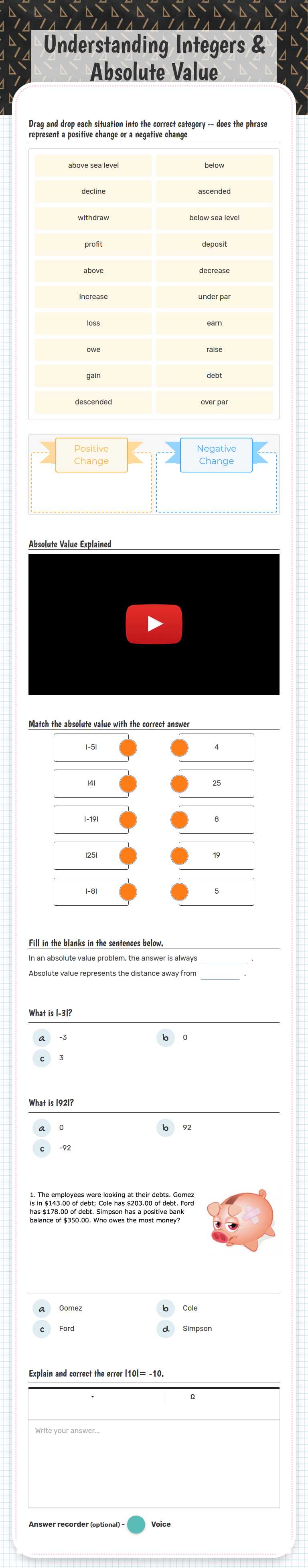 Understanding Integers & Absolute Value Grade 6 worksheet preview