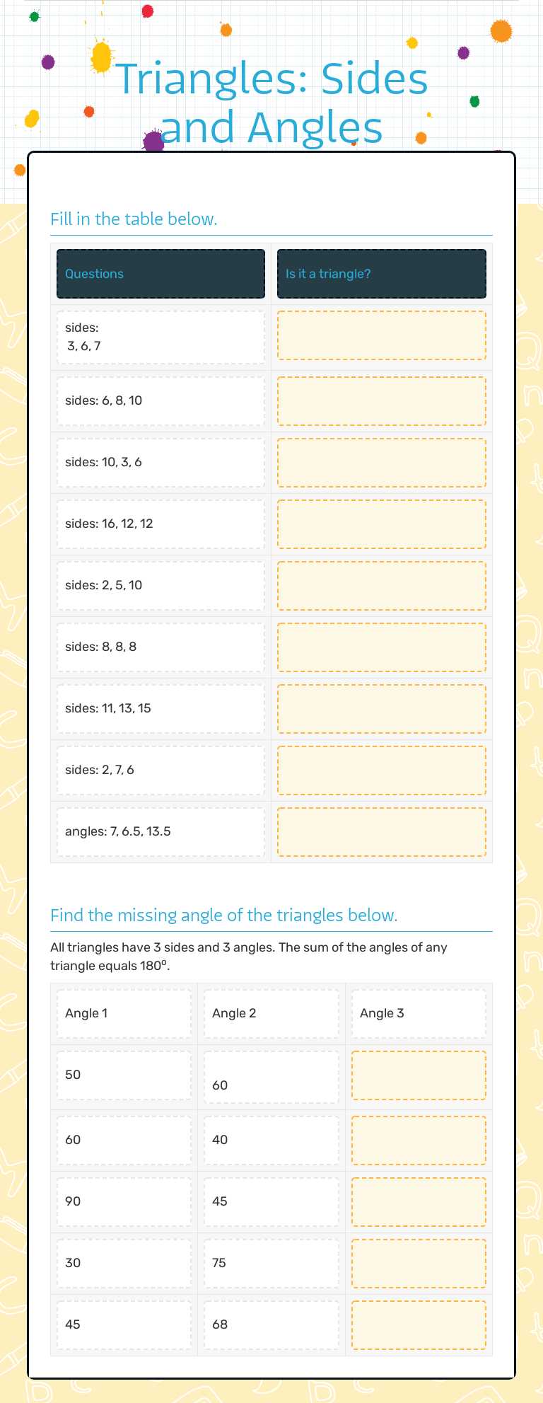 Triangles: Sides and Angles Grade 7 worksheet preview