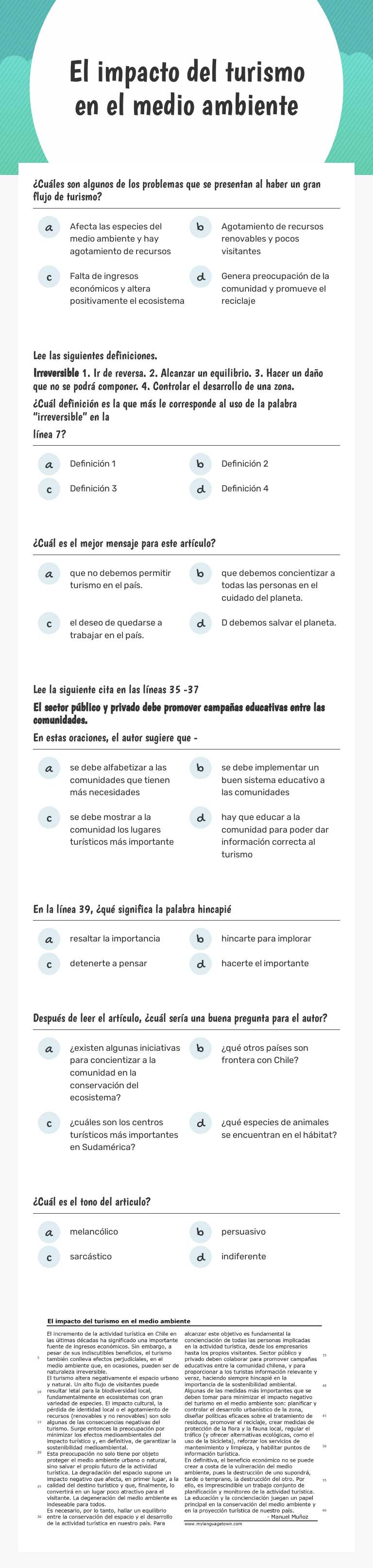 El impacto del turismo en el medio ambiente Grade 8 worksheet preview