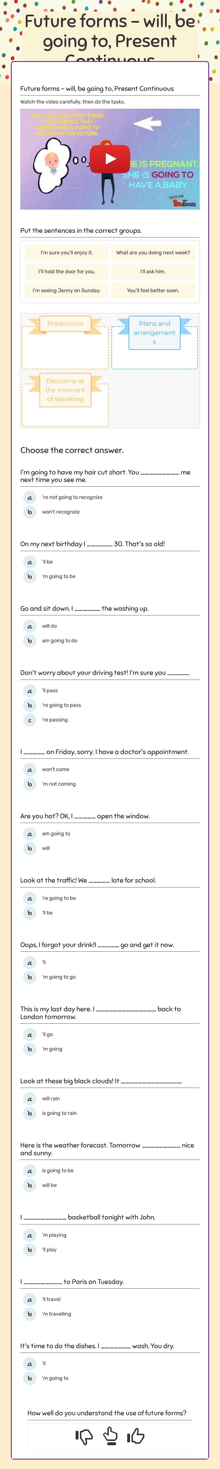 Future forms - will, be going to, Present Continuous worksheet preview image