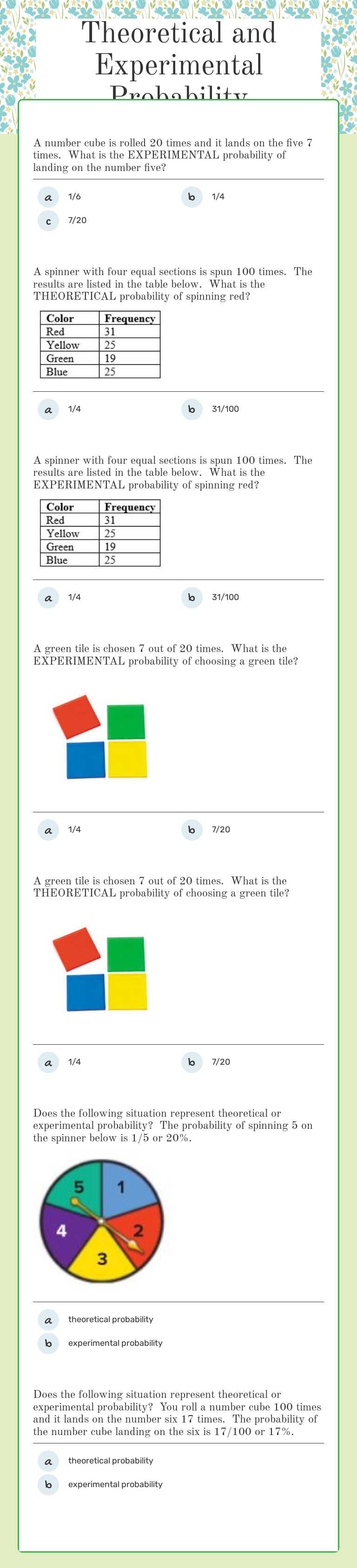 Theoretical and Experimental Probability worksheet preview image