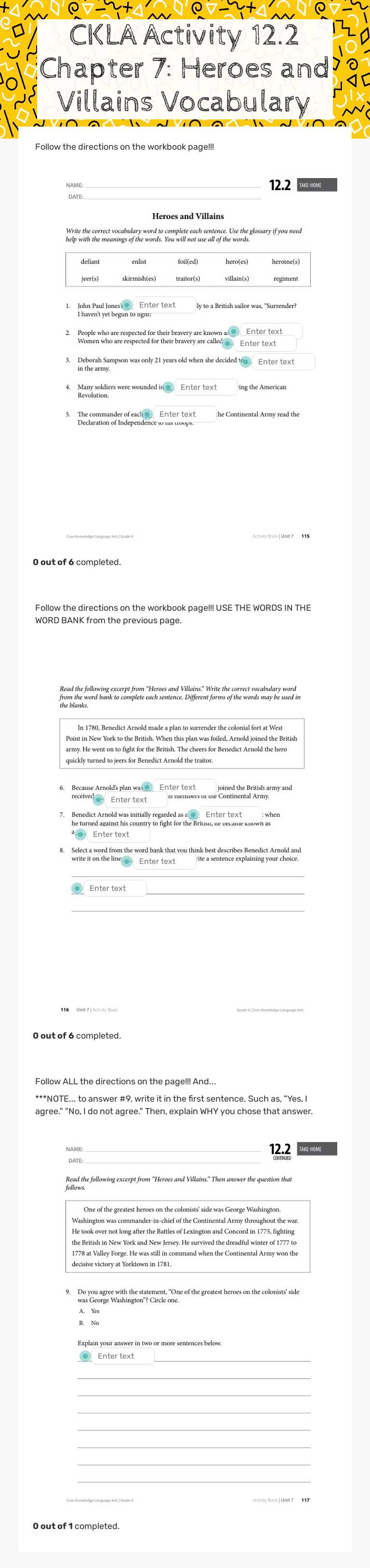 CKLA Activity 12.2 Chapter 7: Heroes and Villains Vocabulary worksheet preview image