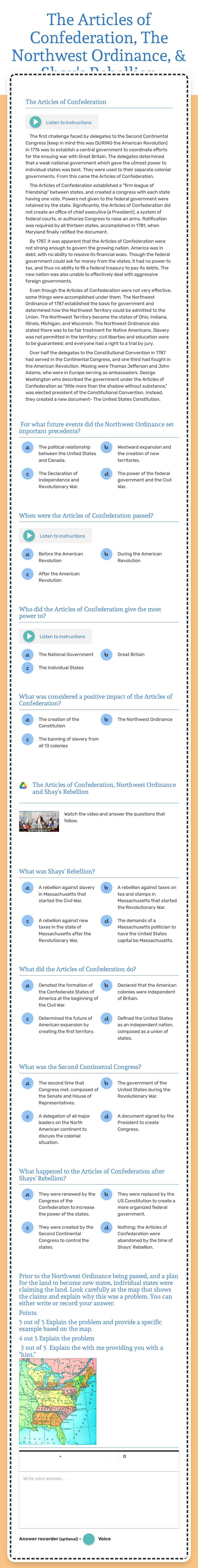 The Articles of Confederation, The Northwest Ordinance, & Shay's Rebellion Grade 10 worksheet preview