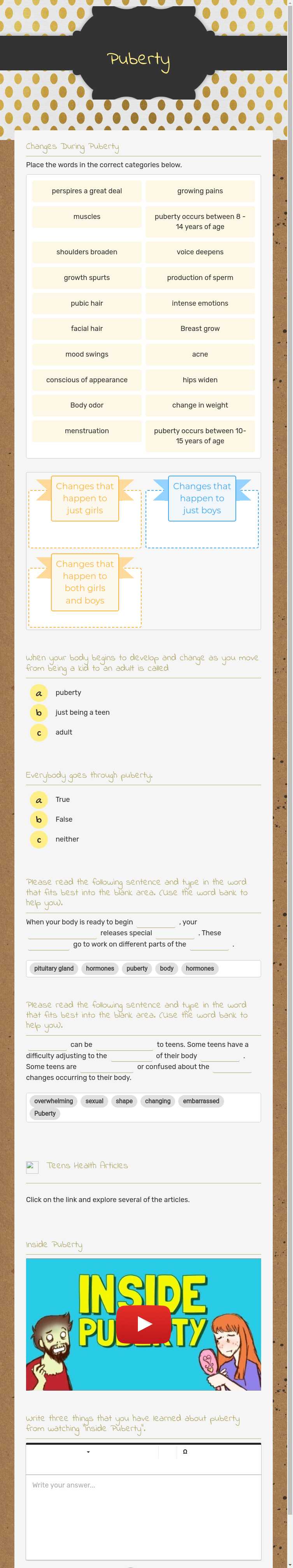 Puberty worksheet preview