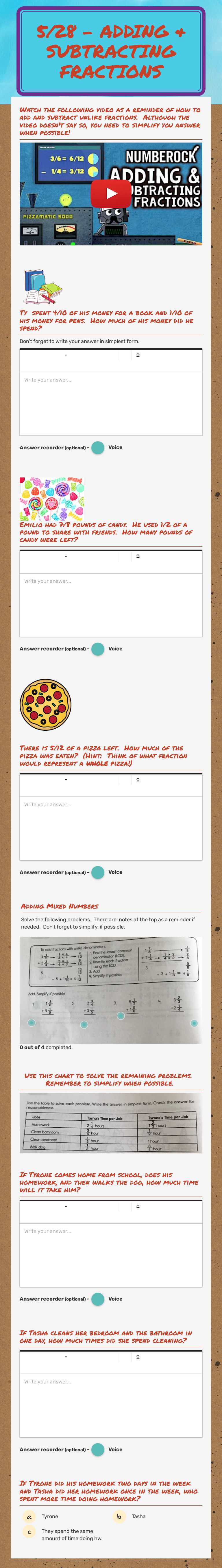 5/28 - Adding & Subtracting fractions worksheet preview image